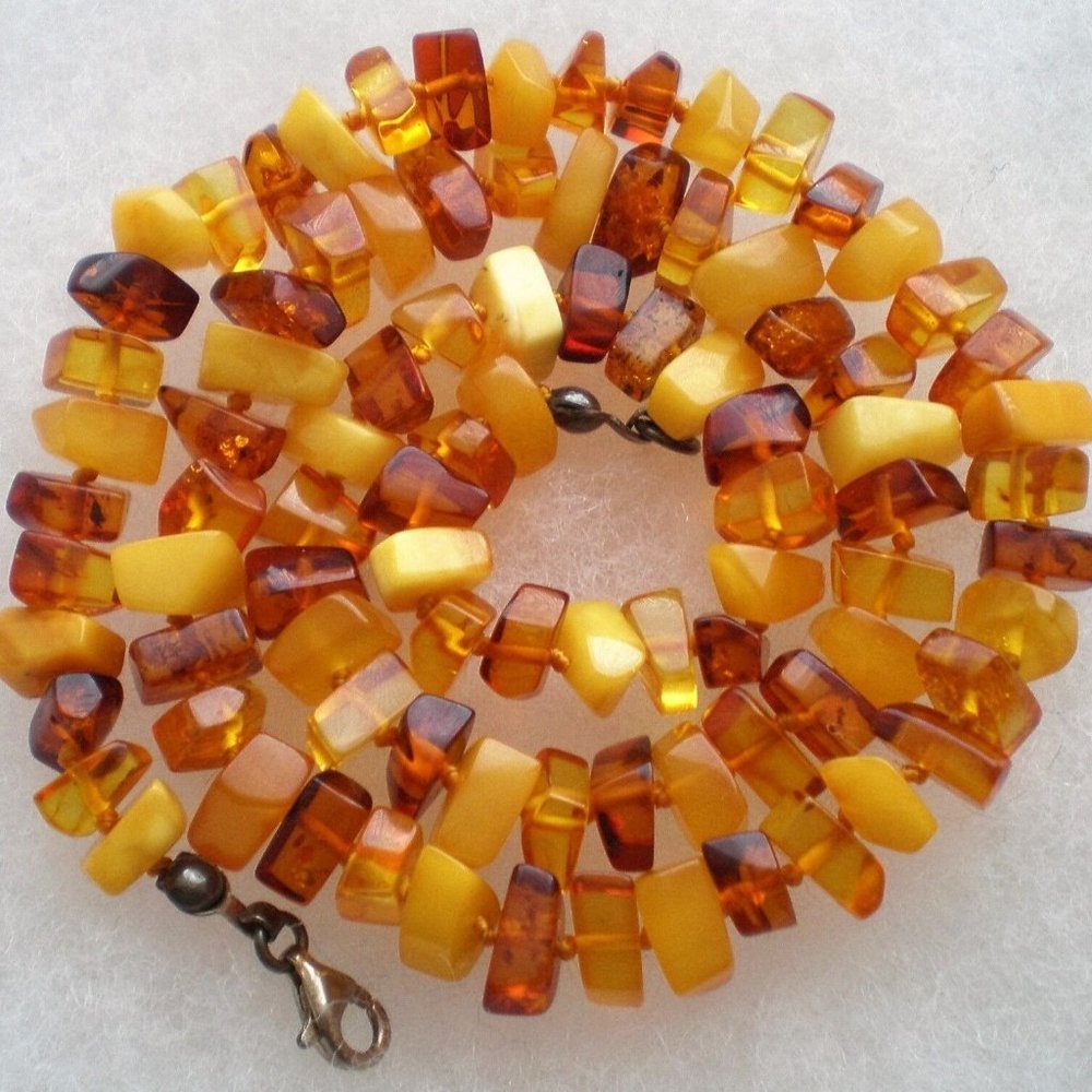 Vintage Russian Butterscotch Egg Yolk Honey Amber Beaded Necklace Sterling Clasp